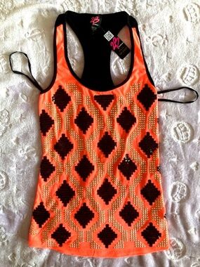 NWT Bebe 2b black orange sequin gold studded tank top